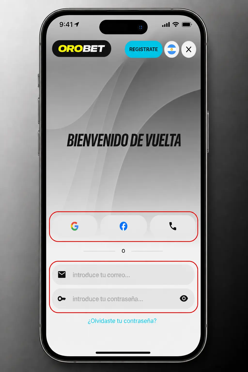 Login en Orobet desde la app con usuario, DNI o huella digital y Face ID en dispositivos compatibles.