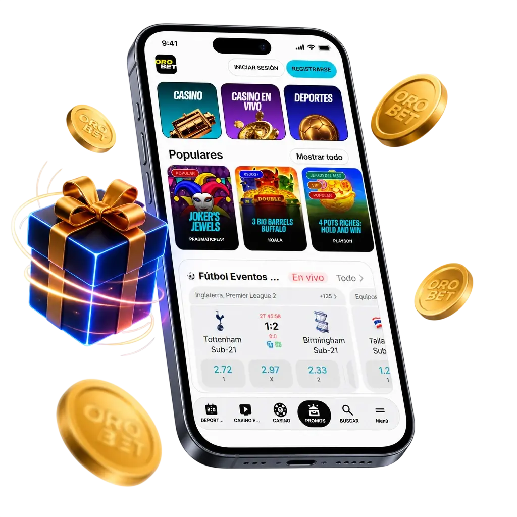 Bonos de bienvenida de Orobet en la app: Casino, Deportes y En Vivo, con giros gratis y notificaciones push.