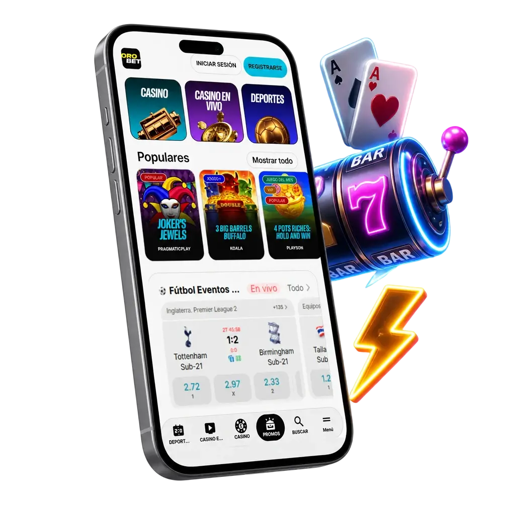 Catálogo de casino en la app de Orobet: tragamonedas, ruleta, blackjack y mesas en vivo con filtros por proveedor y RTP.