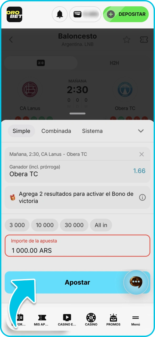 Haz clic en el botón para confirmar tu apuesta en Orobet.