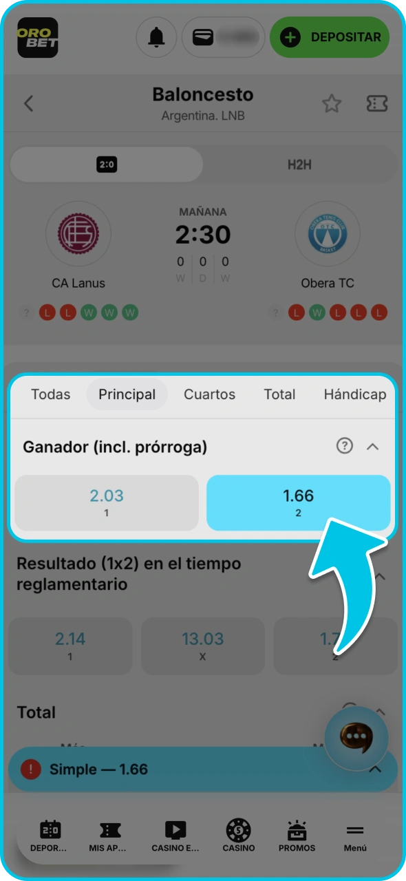 Selecciona el mercado y añádelo al boleto de apuestas de Orobet.