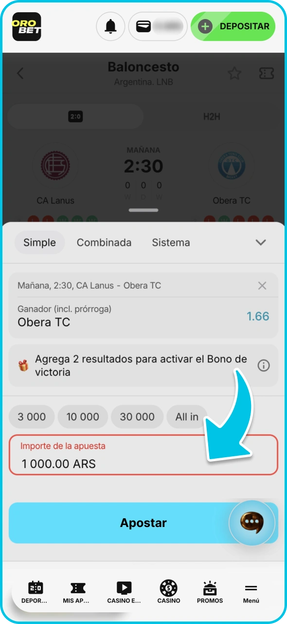Introduce el importe de la apuesta en el boleto de apuestas de Orobet.