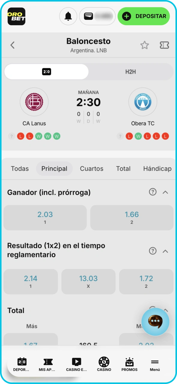 Selecciona el deporte y el partido en la plataforma de apuestas Orobet.