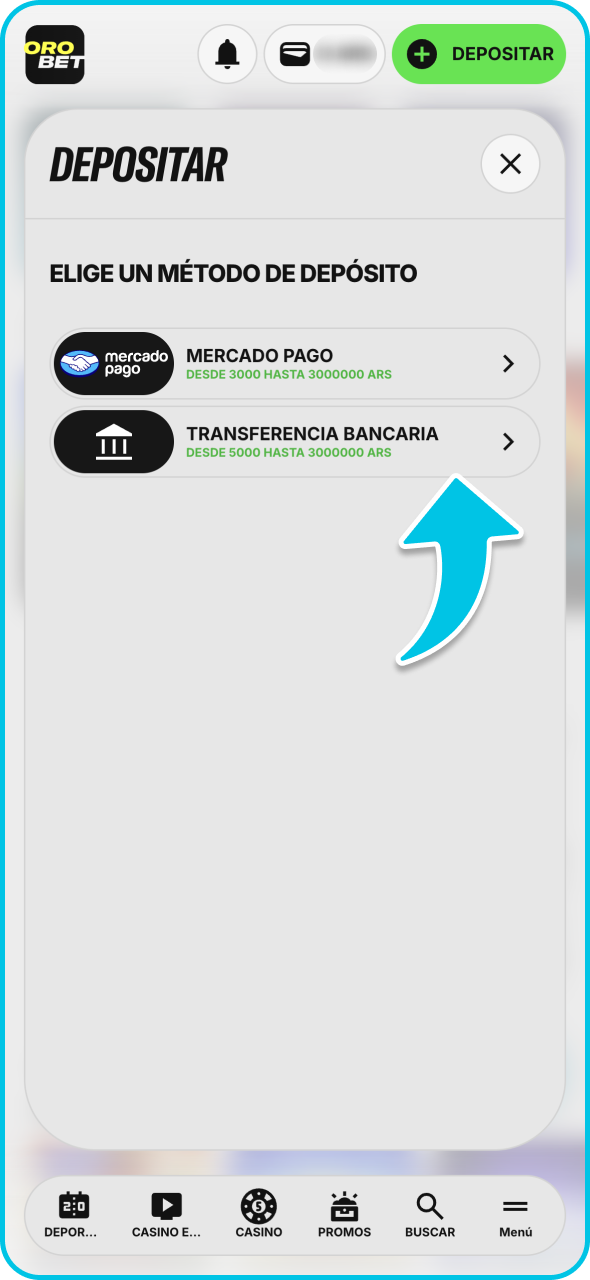 Selecciona el método que desees utilizar para depositar en Orobet.