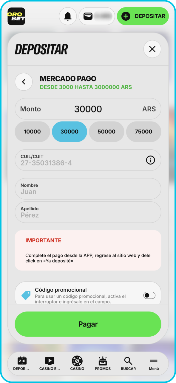 Ingrese el monto del depósito en Orobet y confirme.