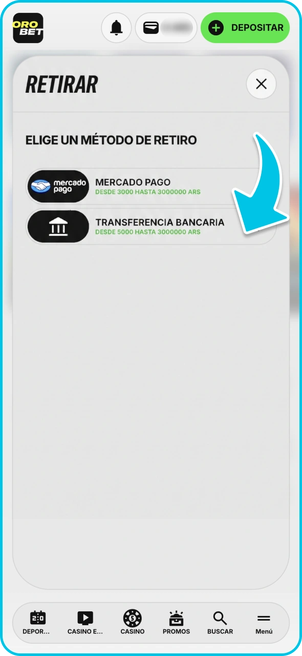 Seleccione el método de retiro disponible en la plataforma Orobet.