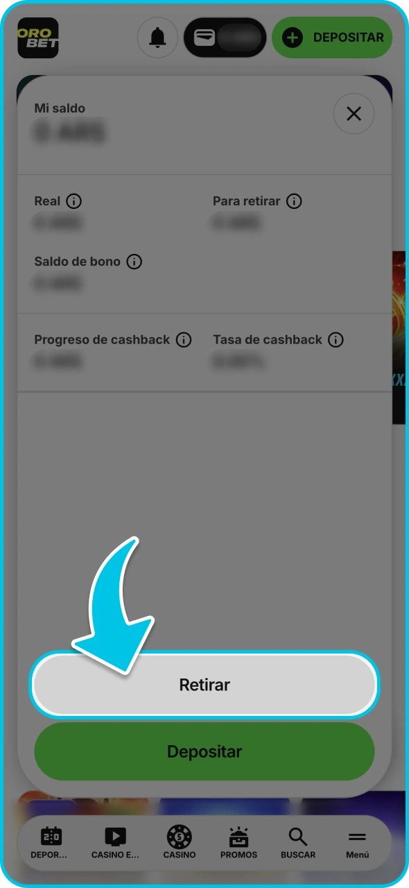 Accede a la sección de retiros de tu cuenta de Orobet.