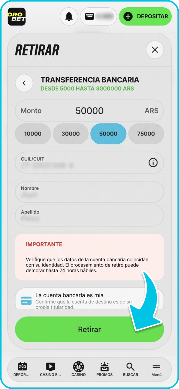 Espera a que la transacción se confirme en Orobet.