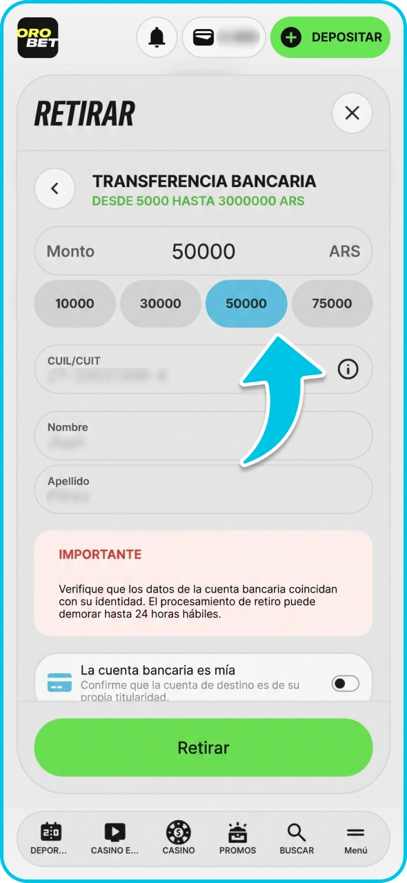 Ingrese el monto de retiro y confirme el proceso de Orobet.