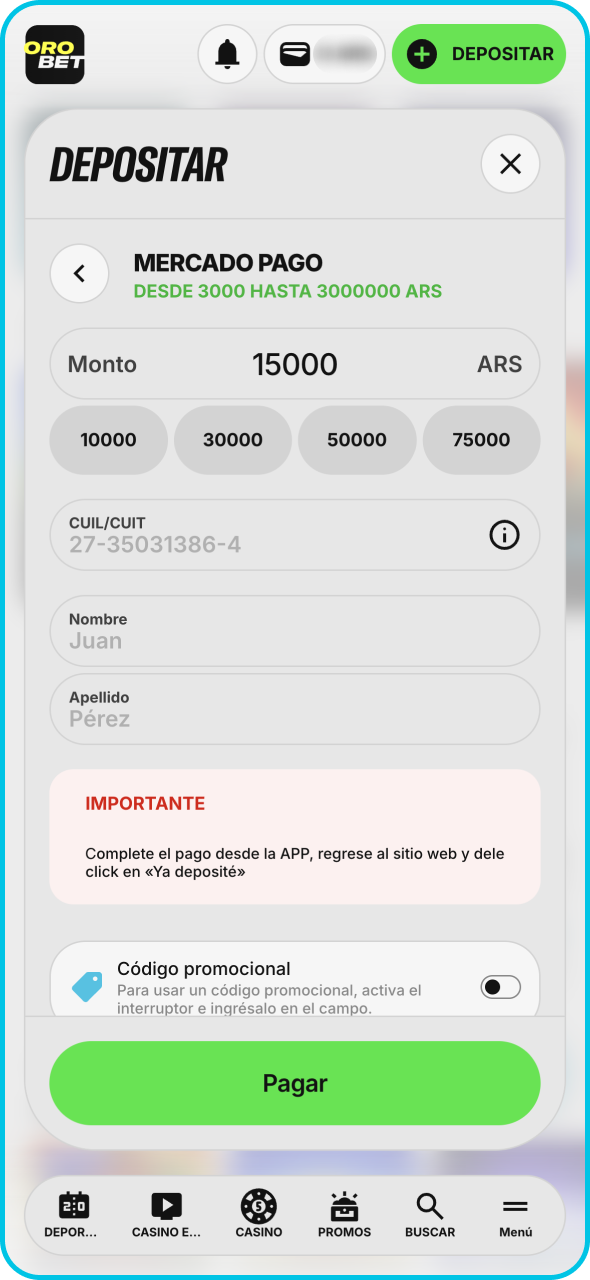 Recarga tu cuenta de casino Orobet para empezar a apostar.