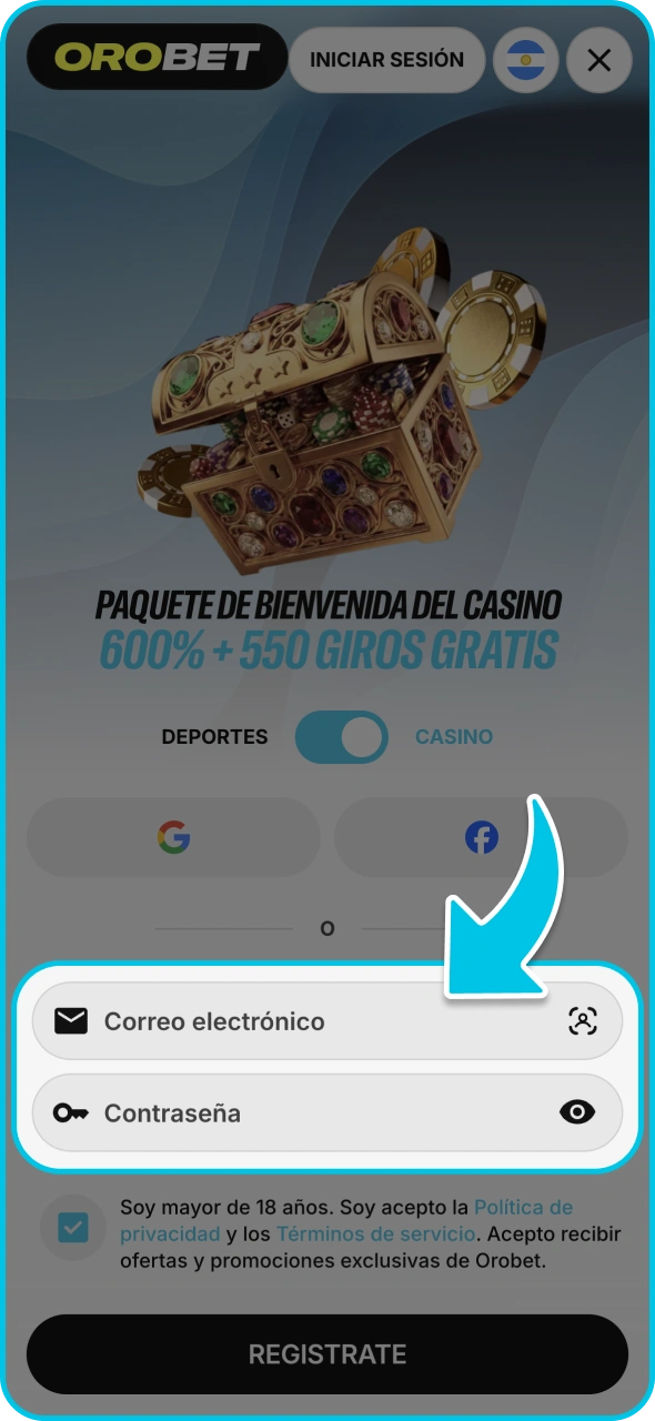 Completa el formulario de registro de Orobet con tus datos personales.